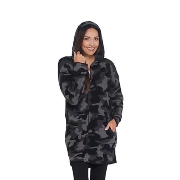 Barefoot Dreams CozyChic Camo Anorak Long Hooded Cardigan Jacket Womens Large